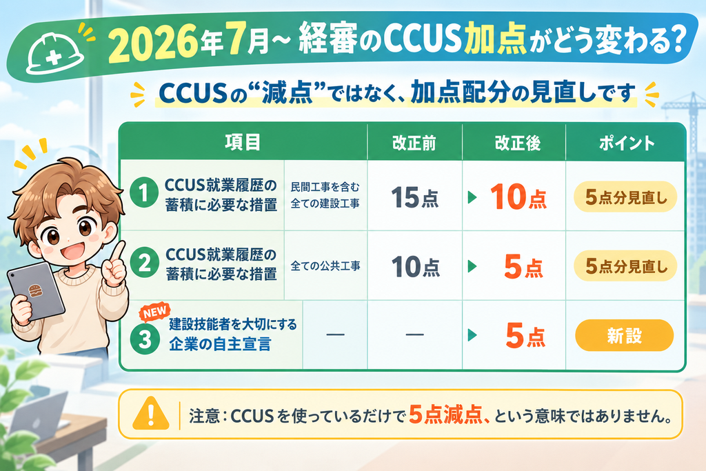 「2026年7月〜 経審のCCUS加点がどう変わる？」と題した図。CCUS就業履歴の蓄積に必要な措置は、民間工事を含む全ての建設工事で15点から10点へ、全ての公共工事で10点から5点へ、それぞれ5点分見直された。あわせて「建設技能者を大切にする企業の自主宣言」が新設され5点。下部に「注意：CCUSを使っているだけで5点減点、という意味ではありません」と記載