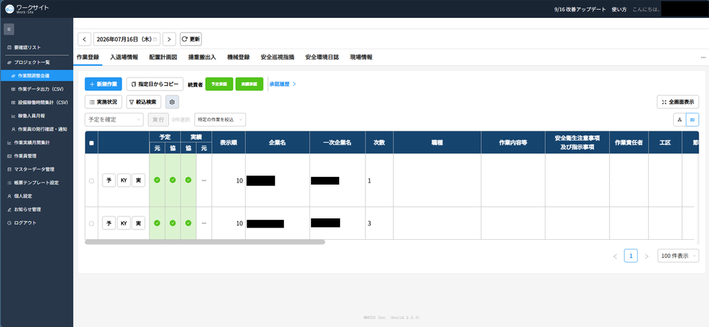 ワークサイトの作業登録画面。日付ごとに各社の作業予定が一覧表示され、予定と実績それぞれに元請・協力会社の承認状況が緑のチェックで示されている。表示順、企業名、一次企業名、次数、職種、作業内容等、安全衛生注意事項及び指示事項、作業責任者、工区の列が並ぶ