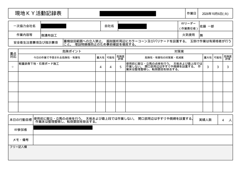 ワークサイトから出力した現地KY活動記録表。危険ポイントと対策案が左右に並び、それぞれ重大性・可能性・危険度評価が数値で記録されている。対策前の危険度5が、対策後に3へ下がったことが分かる